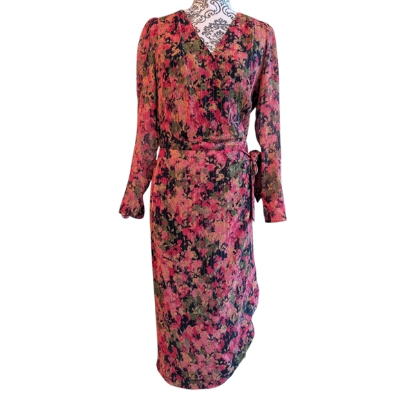 Sézane Armonie Dress Floral Faux Wrap Midi Red Pink Black Feminine Women's 38 - Picture 2 of 15